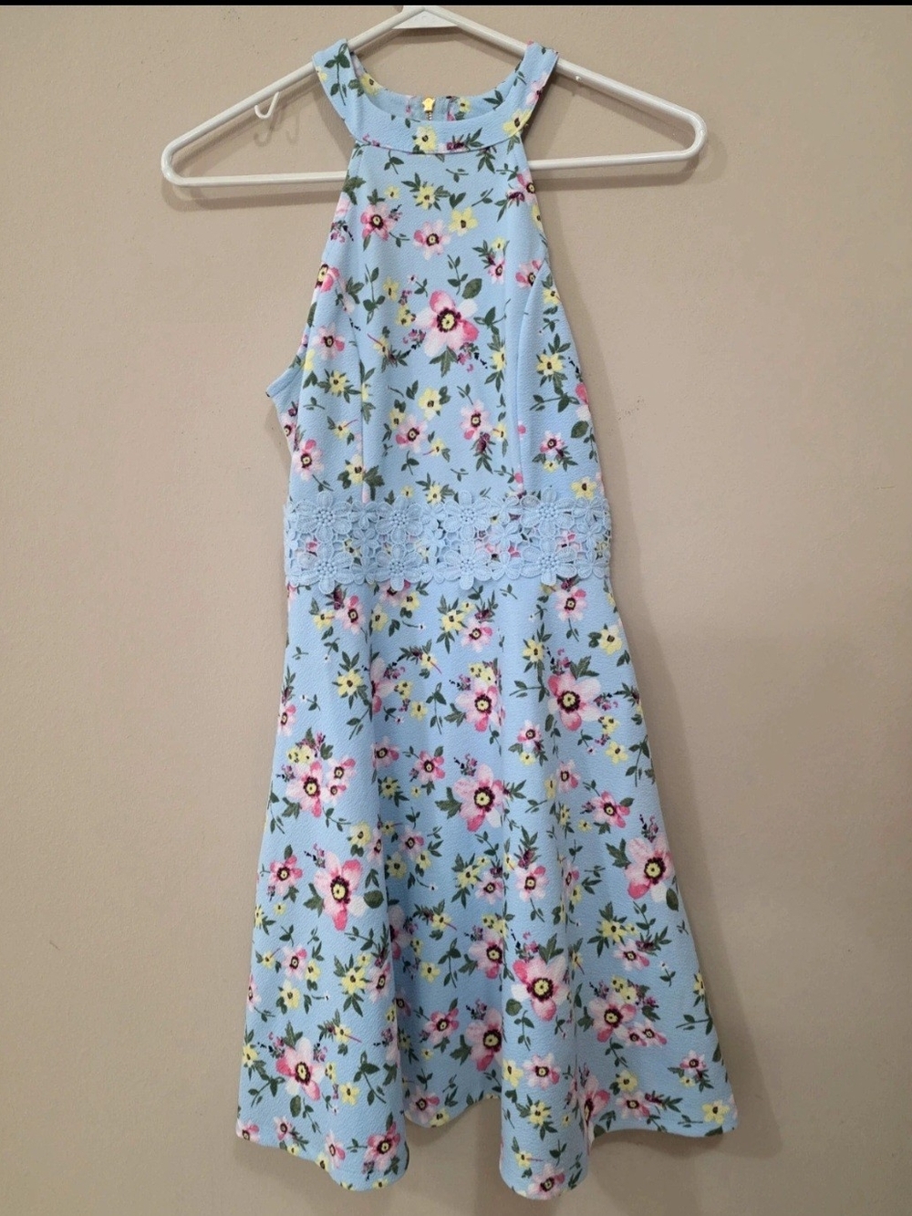 No Boundaries Light Blue Floral Halter Dress with Crochet Waist